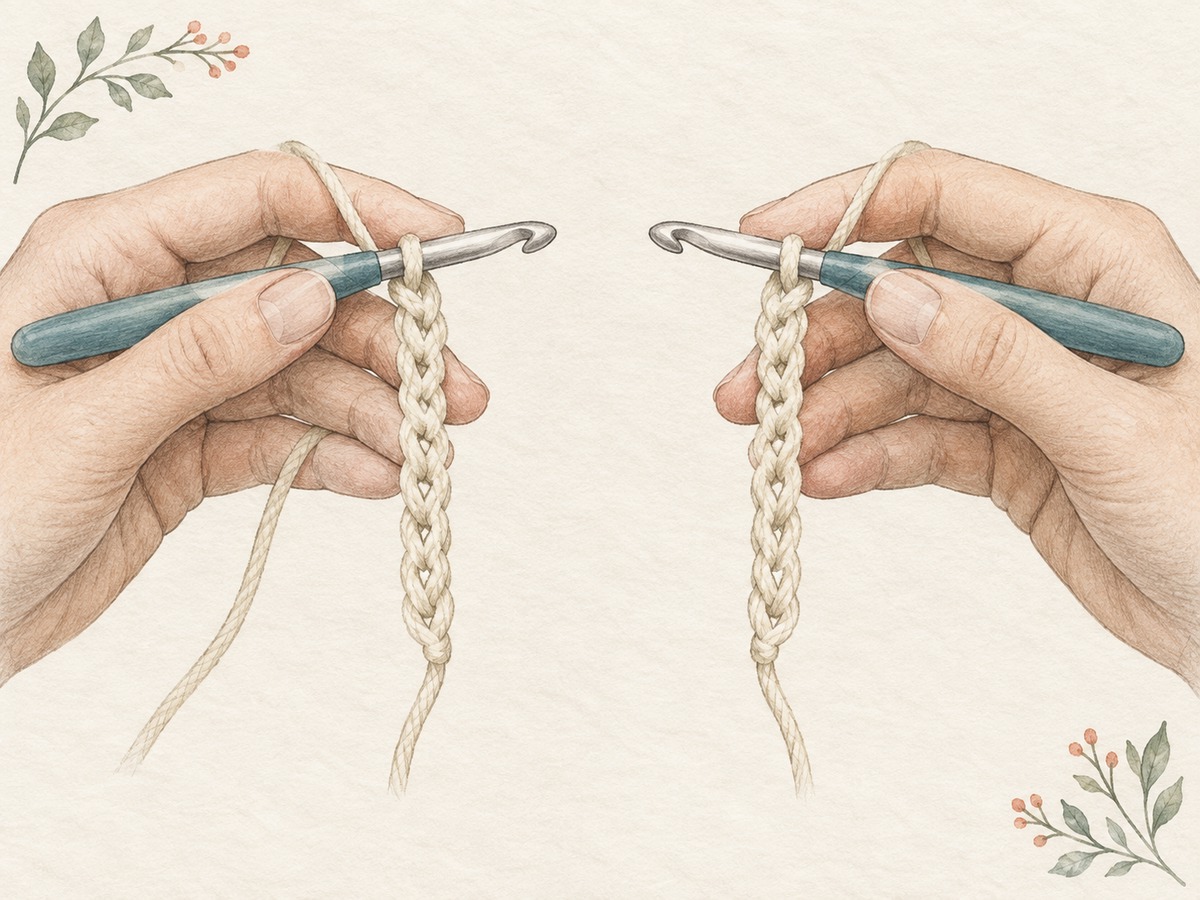 Illustration: Paired close views of a crochet hook and foundation chain oriented for opposite hands.