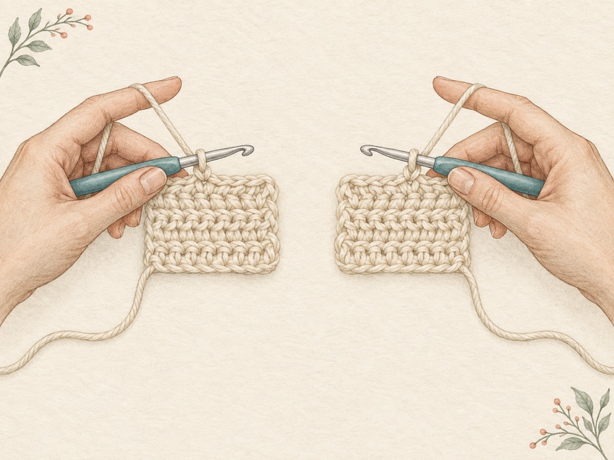 Illustration: Two mirrored crochet practice setups, with hooks and working yarn approaching equivalent small swatches from opposite sides.
