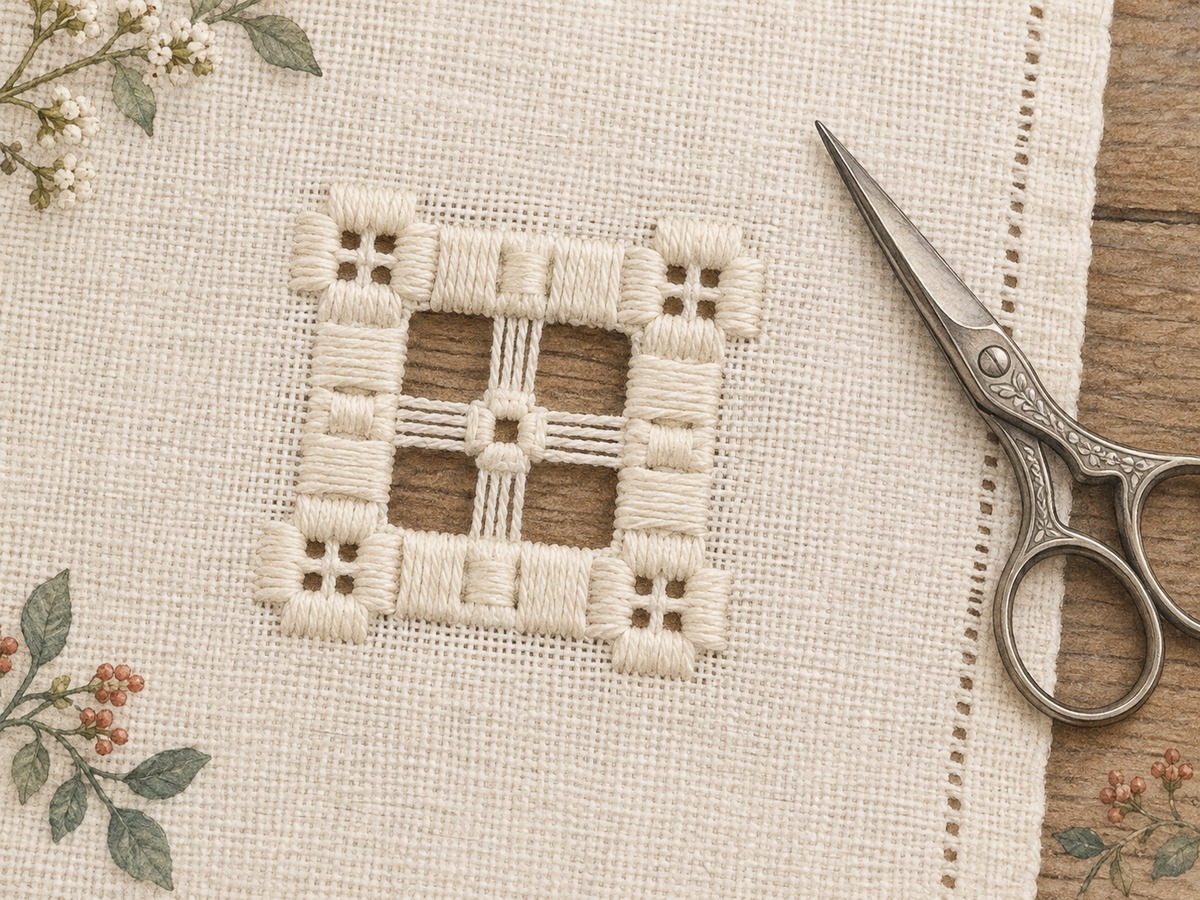 Illustration: Close view of a tiny Hardanger cutwork area bounded on every side by secure satin blocks, with intact neighboring fabric and scissors set aside.