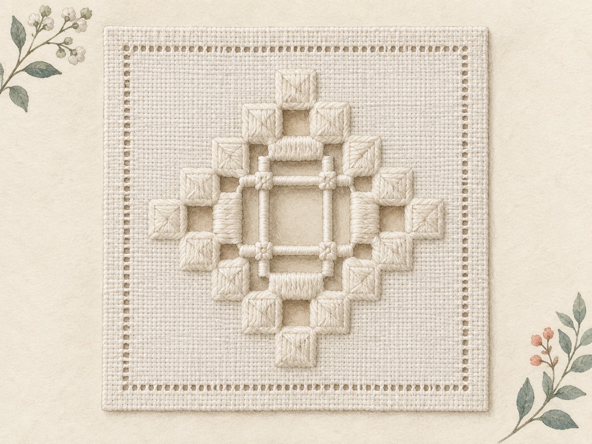 Illustration: A small white Hardanger practice panel with satin kloster blocks surrounding a carefully cut openwork window and wrapped remaining bars.