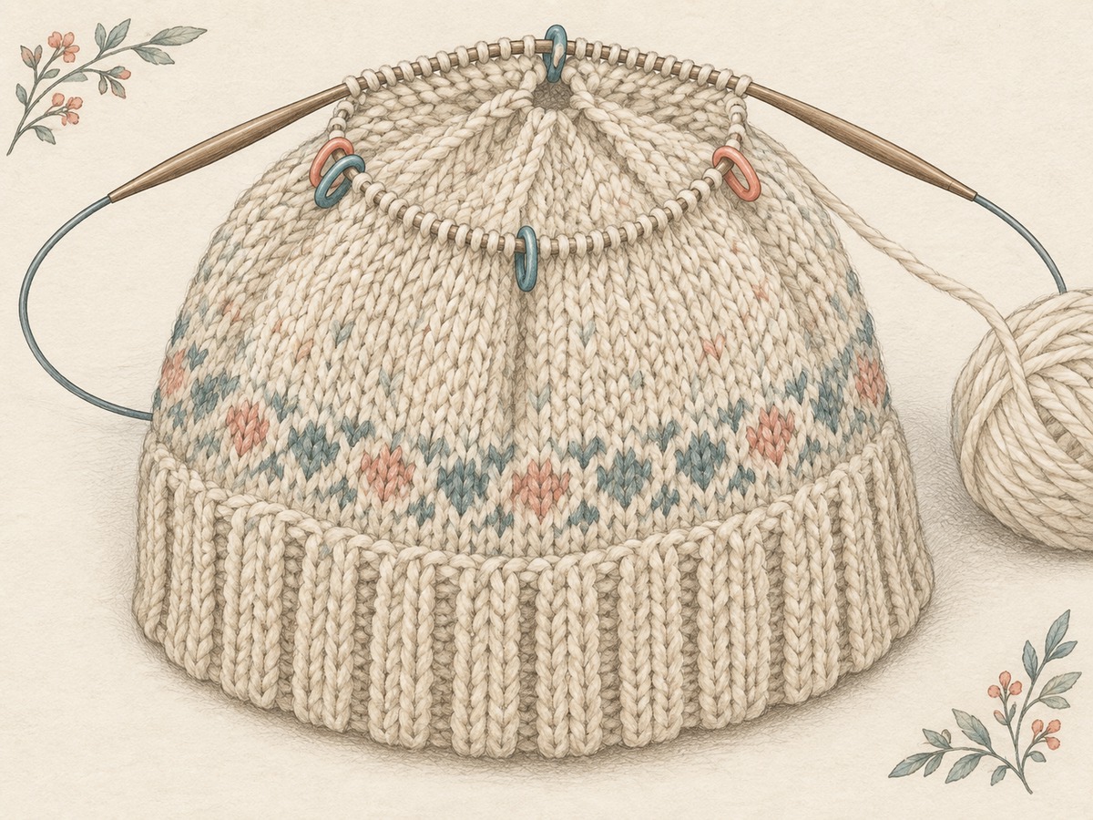Illustration: A partially completed hat crown on circular needles with stitch markers separating decrease sections and the finished brim visible below.