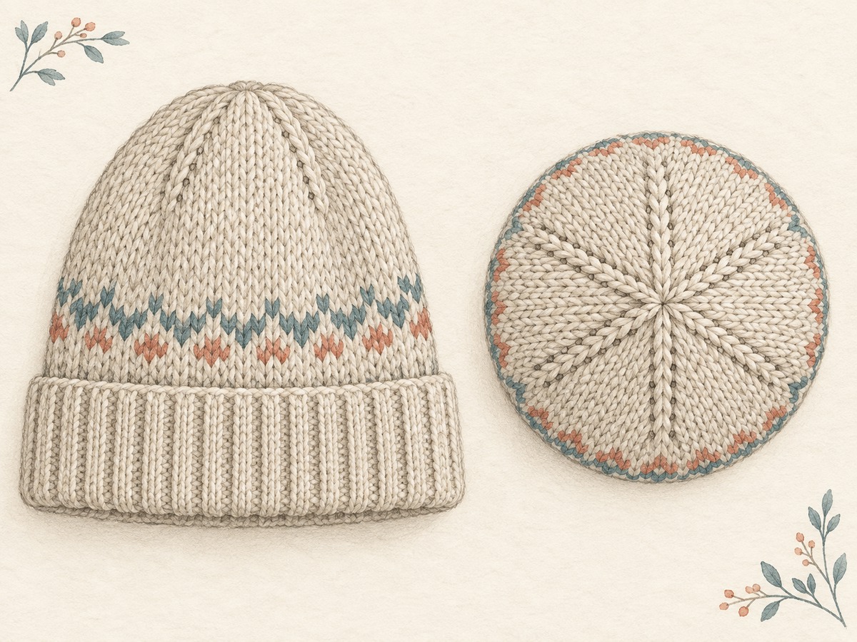 Illustration: A knitted hat laid beside a top view of its crown, showing several neat decrease lines converging toward the center.