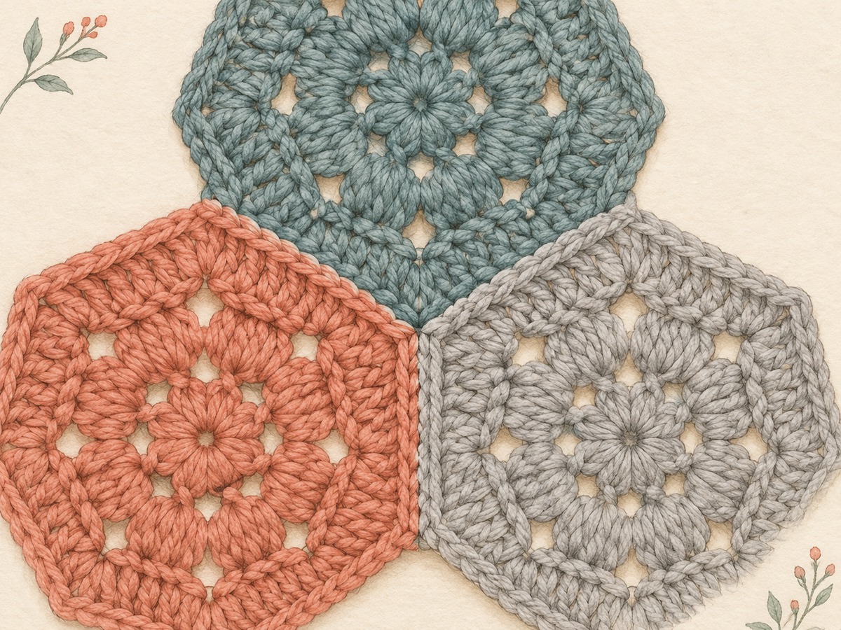 Illustration: Close view of three crocheted hexagons meeting at one vertex, showing matching edges and the staggered row offset.