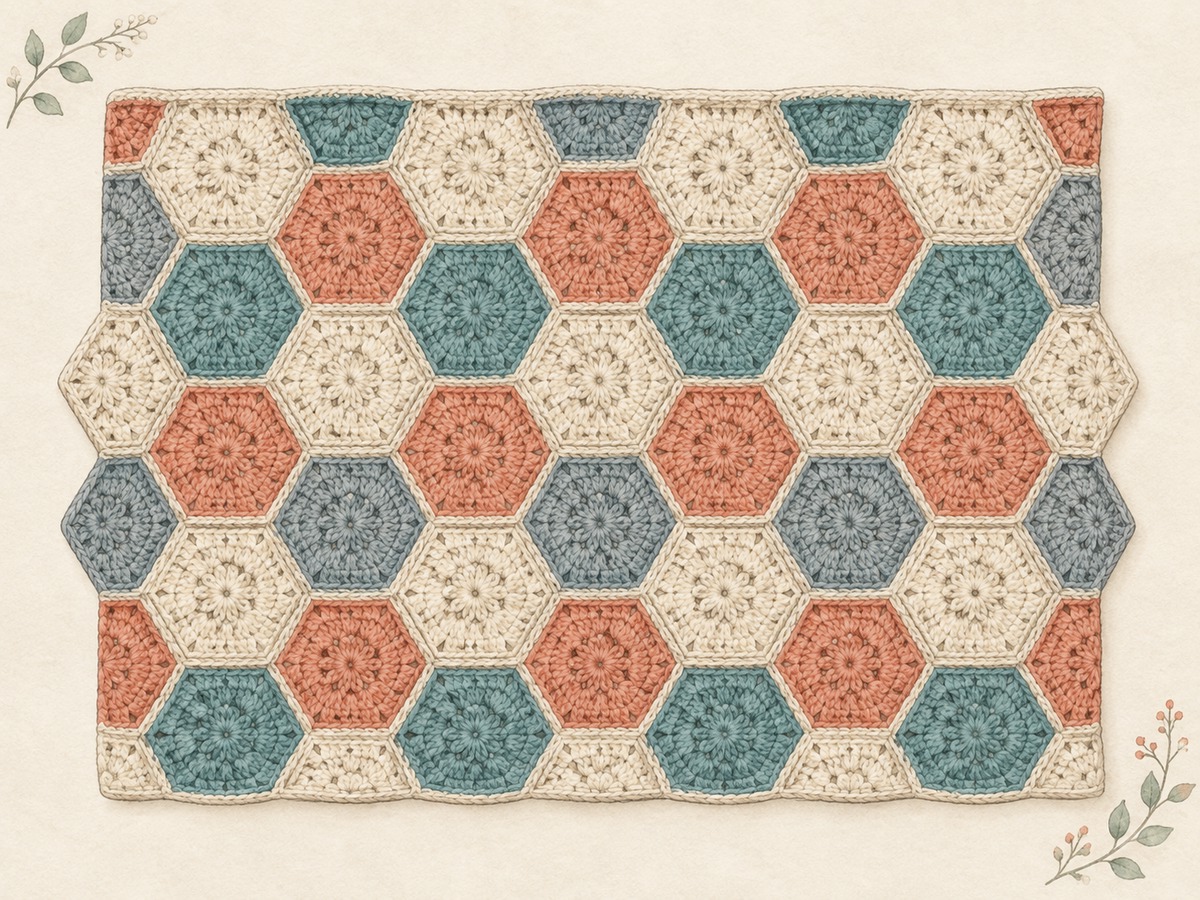 Illustration: A small blanket layout made entirely of regular crocheted hexagons in correctly staggered honeycomb rows; half motifs fill two straight boundary edges.