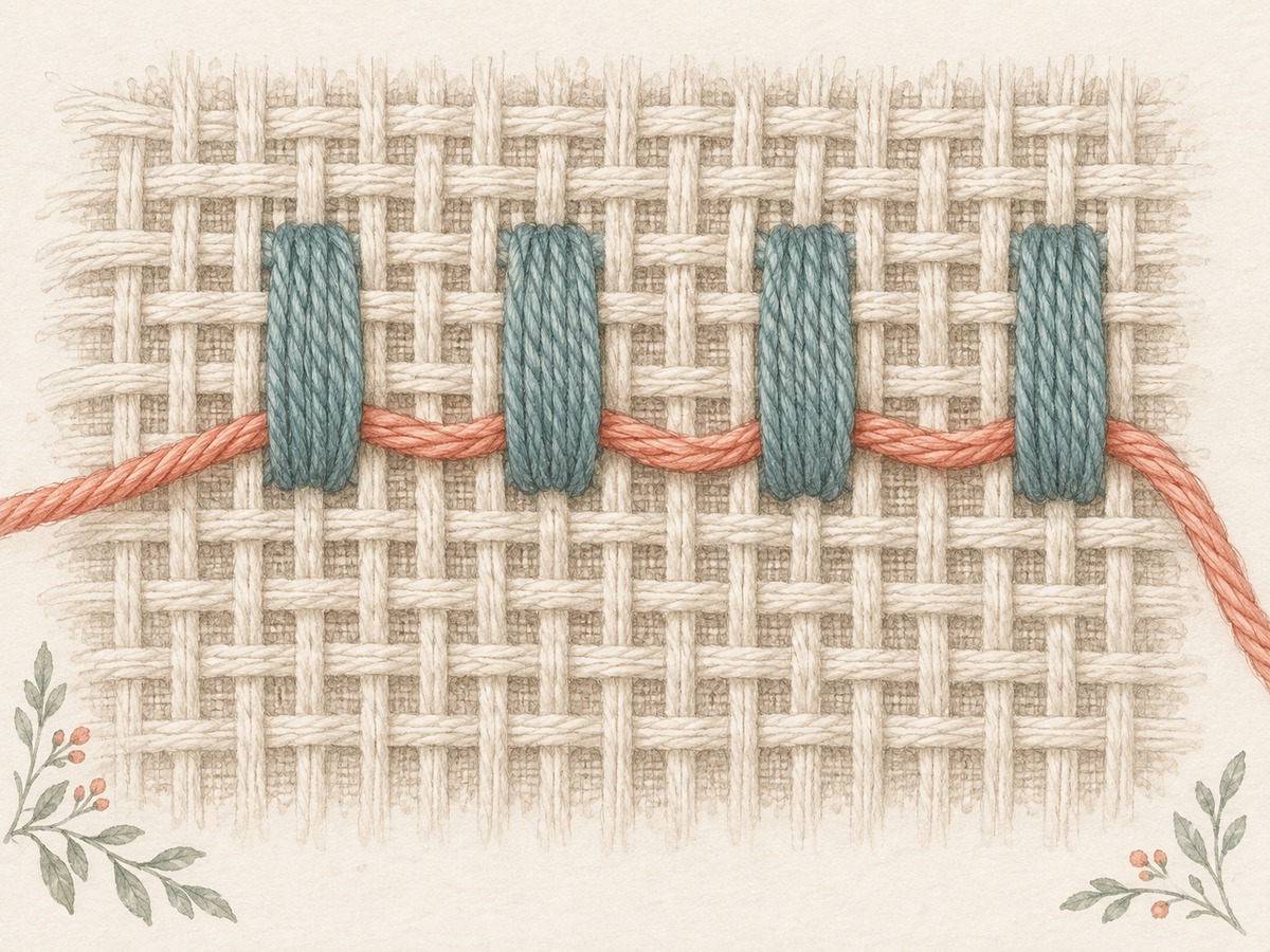 Illustration: Close view of a colored huck-weaving thread passing beneath selected surface floats, leaving the fabric ground unpierced between them.