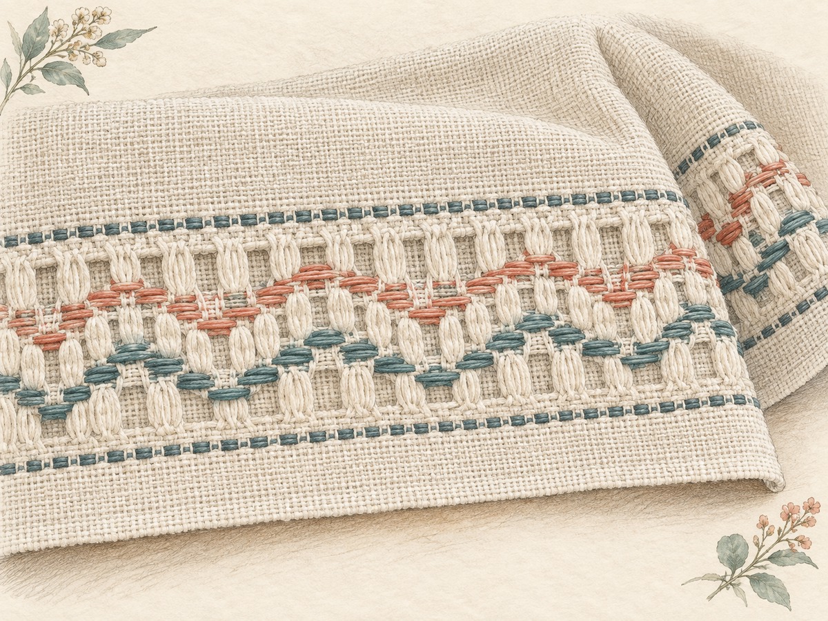 Illustration: A huck-weaving towel border with colored threads floating through raised fabric loops to form gentle geometric waves.