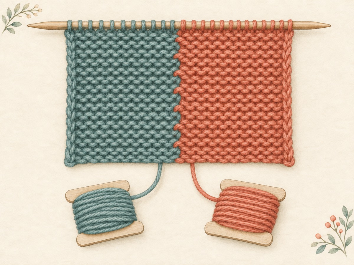 Illustration: Reverse view of a neat intarsia color boundary with two yarns crossing once at the join and separate manageable bobbins below.
