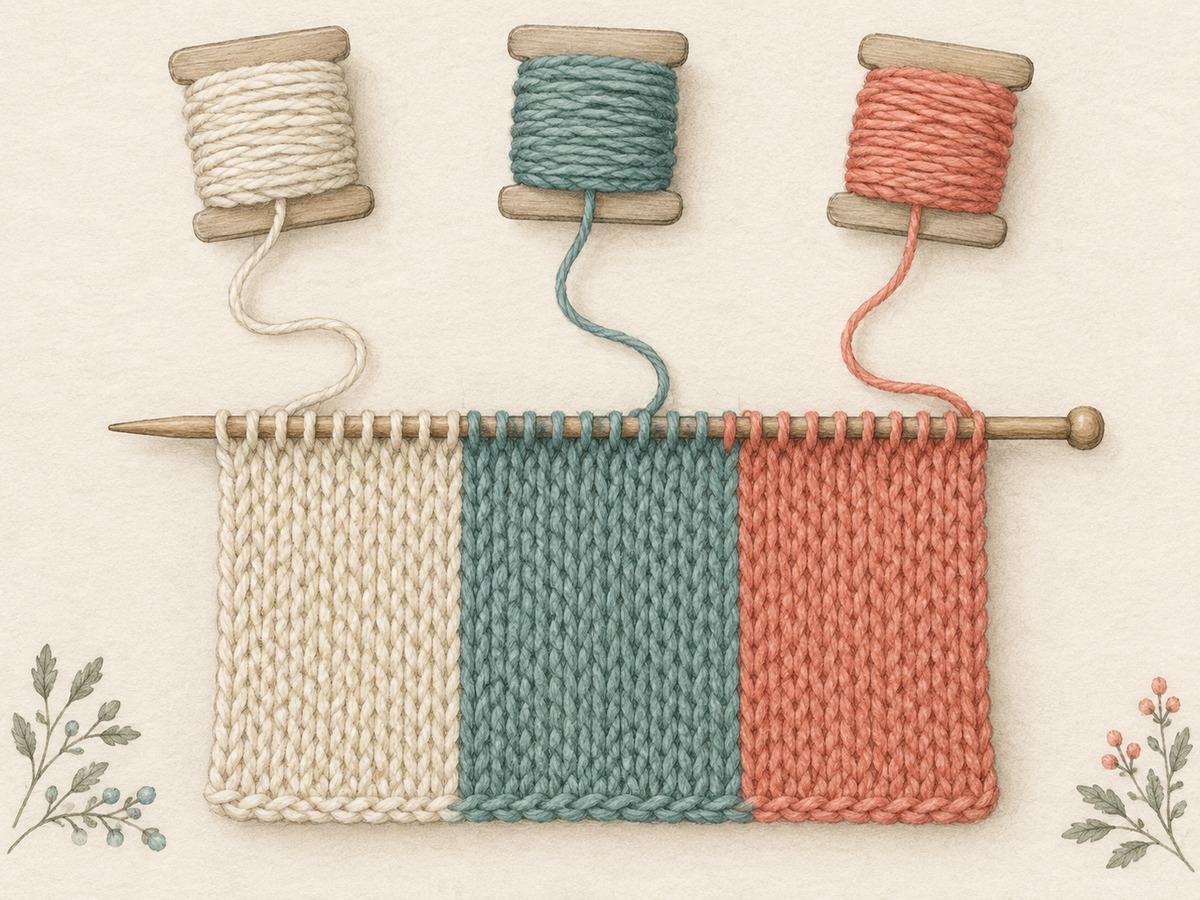Illustration: A knitted panel with separate cream, teal and coral color blocks, each connected to its own small yarn bobbin.