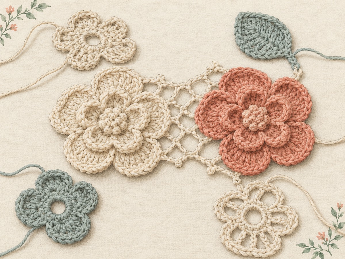 Illustration: Close view of two raised crochet flower motifs joined by delicate mesh bridges, with unfinished neighboring motifs laid out for placement.