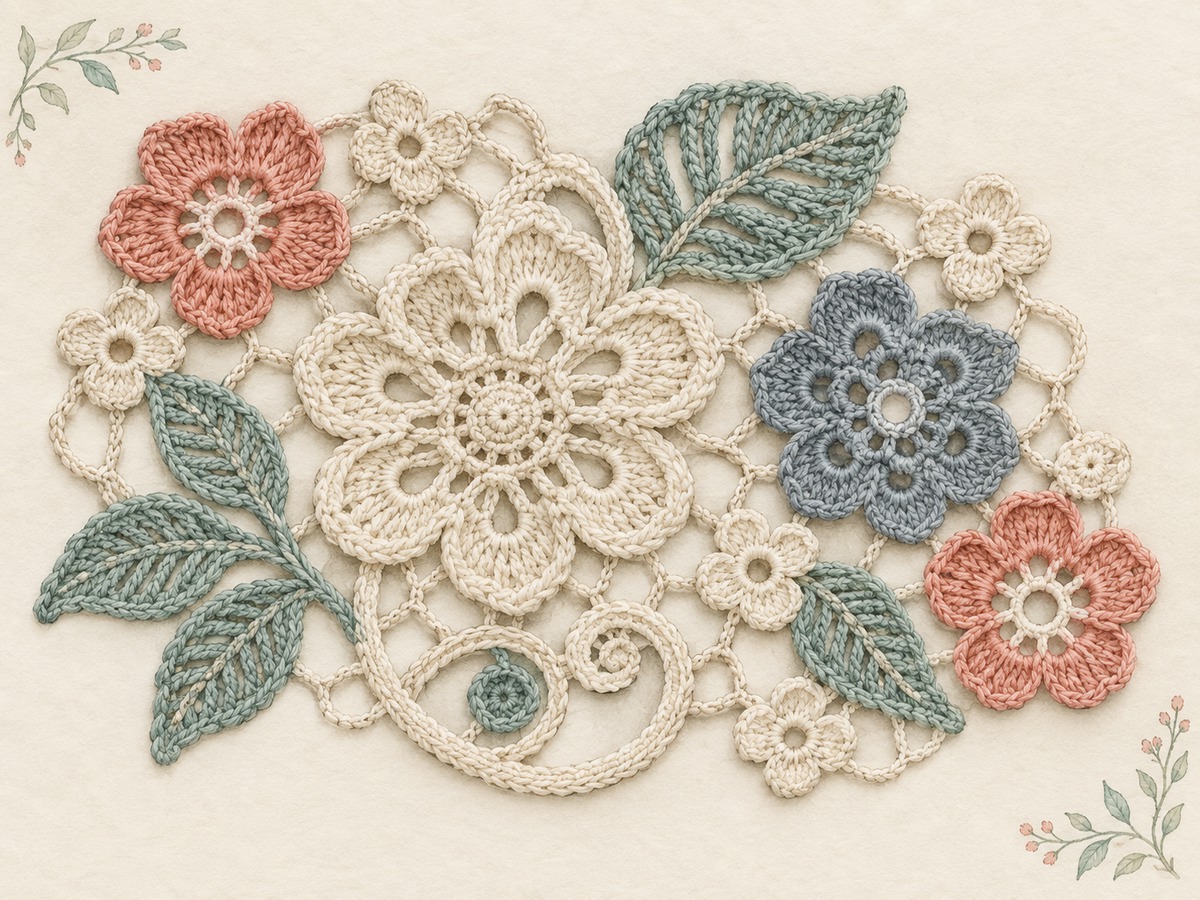 Illustration: Separate crocheted floral and leaf motifs arranged into a coherent lace composition, some linked by fine irregular mesh.