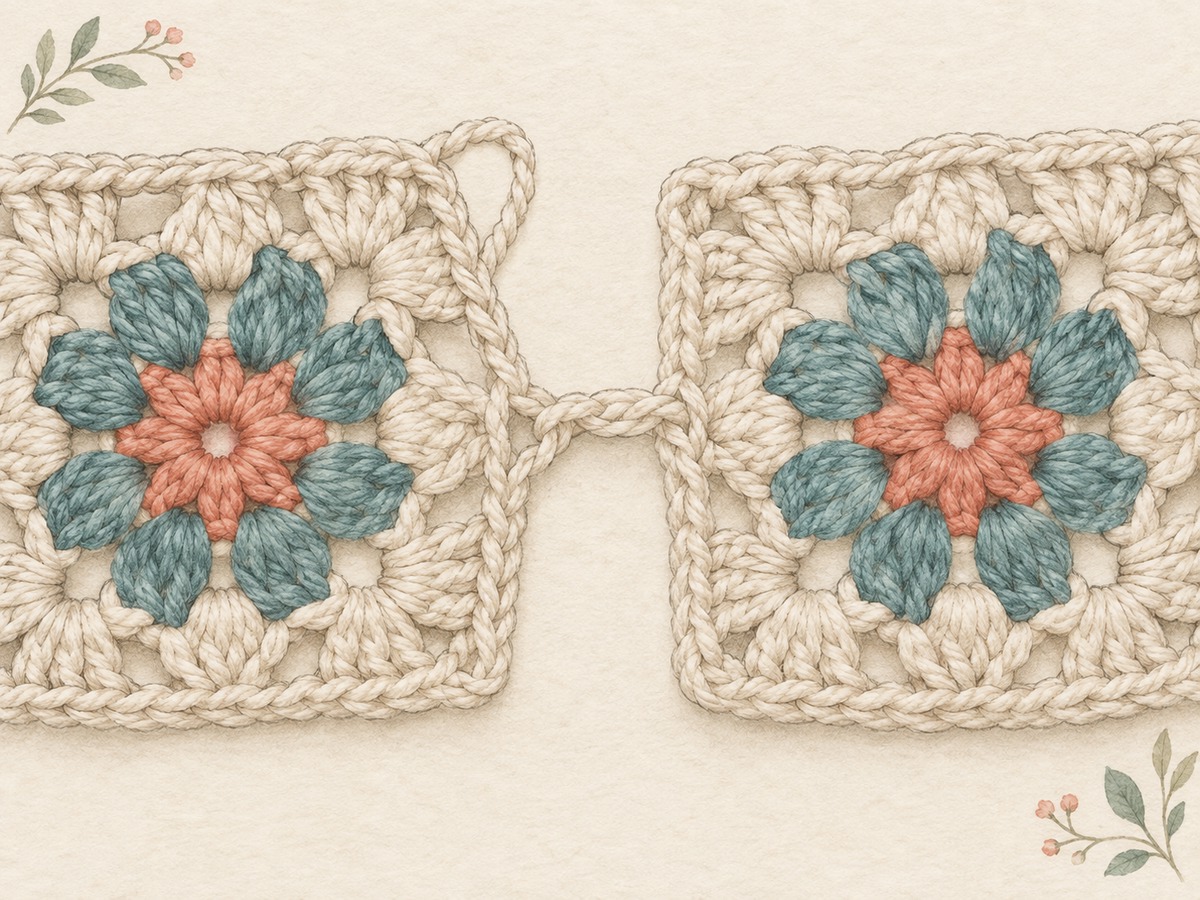 Illustration: Close view of a small joining loop connecting the edge of one crochet motif to its neighbor, with an unjoined edge visible for comparison.
