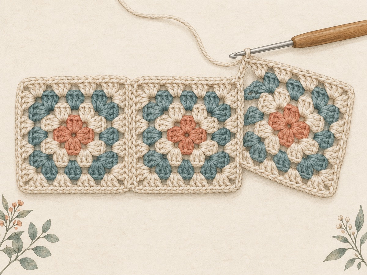 Illustration: Two crochet squares joined along one edge while a third is still being worked, with the hook at the active joining point.