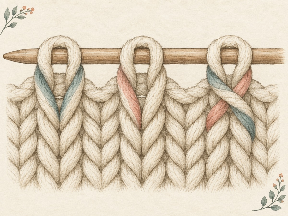 Illustration: Close comparison of correctly mounted open knitting loops and a twisted stitch in the fabric, each isolated so its two legs can be followed.