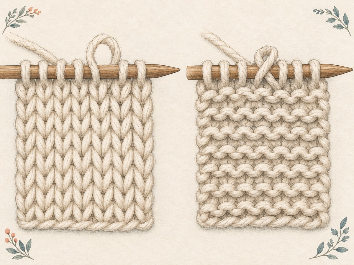 Illustration: Paired enlarged cream knitting samples showing V-shaped knit columns and horizontal purl bumps, with one open loop and one visibly crossed loop on needle shafts.