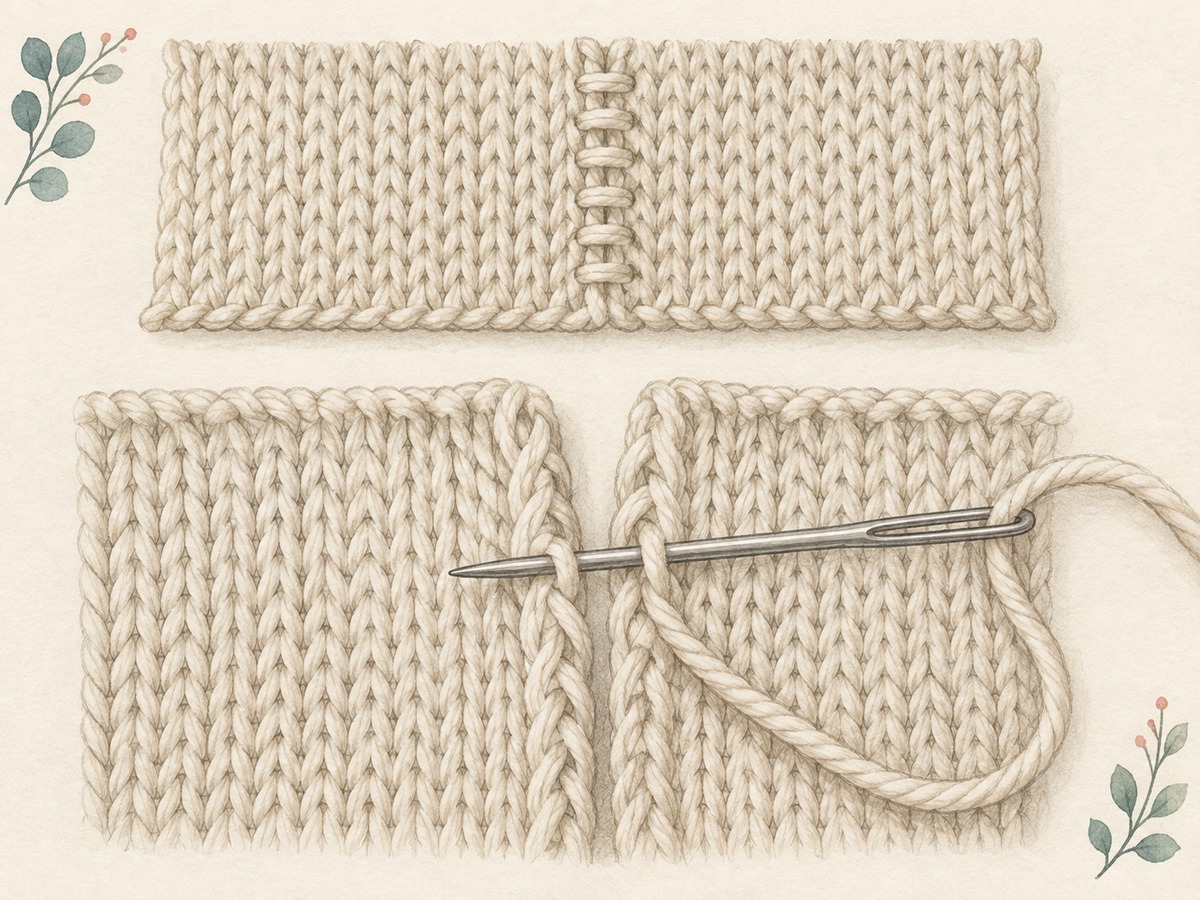 Illustration: Close view of the two edges of knitted panels aligned for mattress seaming, with a blunt needle passing beneath edge bars and a completed seam above.
