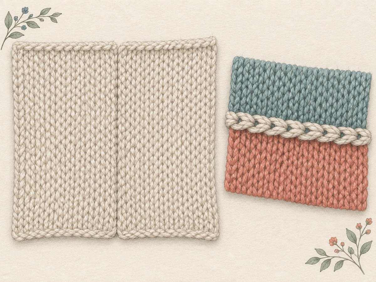 Illustration: Two knitted panels joined by an almost invisible mattress seam beside a separate visible three-needle bind-off ridge sample.