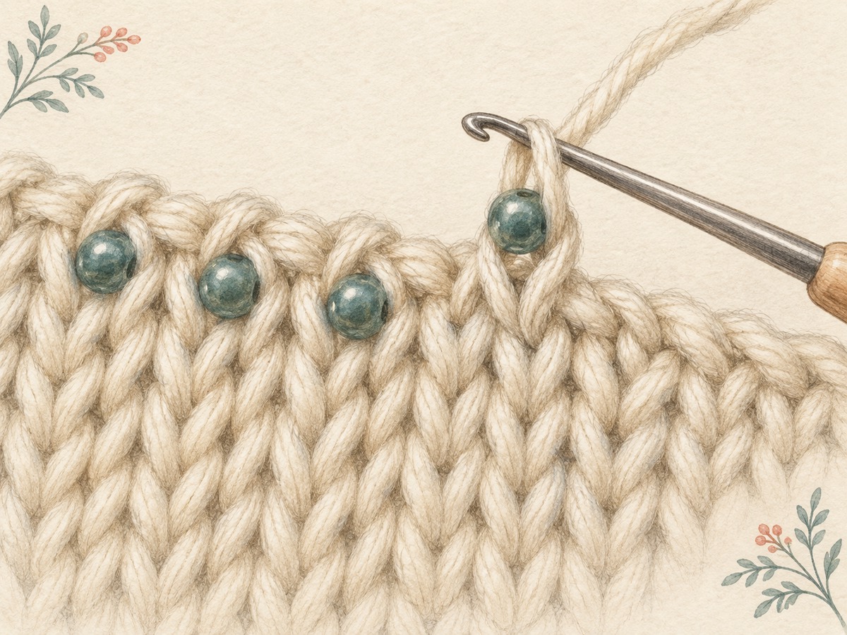 Illustration: Close view of one bead resting on a knitted stitch, with a fine hook lifting a loop and several finished beaded stitches nearby.