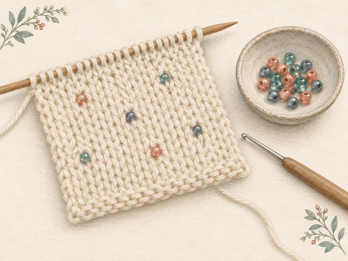 Illustration: A delicate cream knitted sample with a few small beads seated individually on stitches, beside a fine crochet hook and a small dish of beads.
