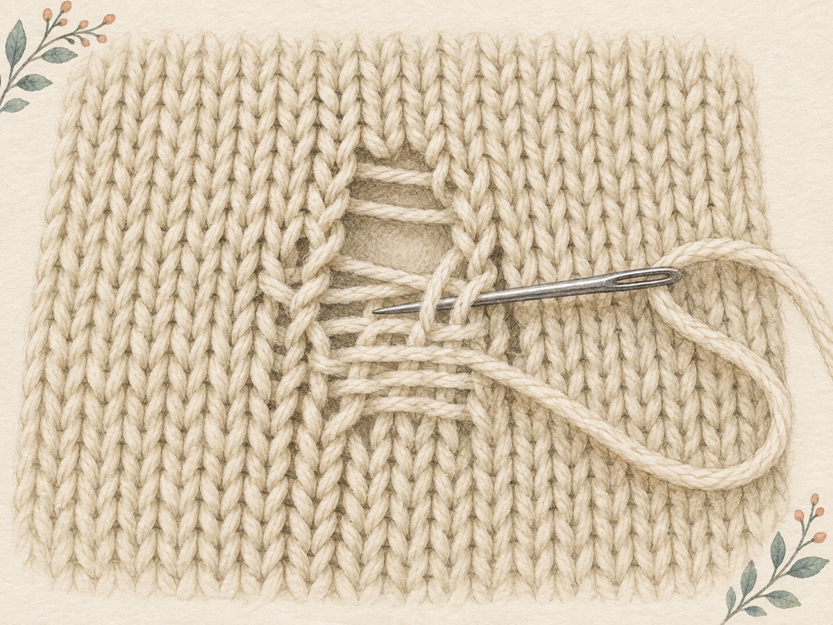 Illustration: Close view of a knitted repair in progress, with supporting stitches beyond the hole and a blunt needle weaving compatible cream yarn over the damaged area.