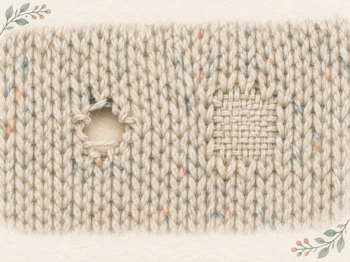Illustration: A small worn hole in a knitted fabric beside a completed woven darn that supports the surrounding sound stitches.