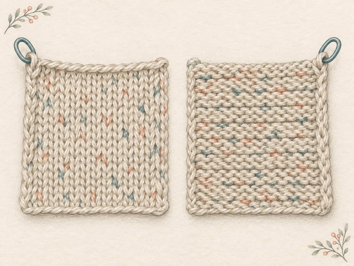 Illustration: Front and reverse faces of a knitted sample shown side by side with a marker that remains attached to the same fabric corner.