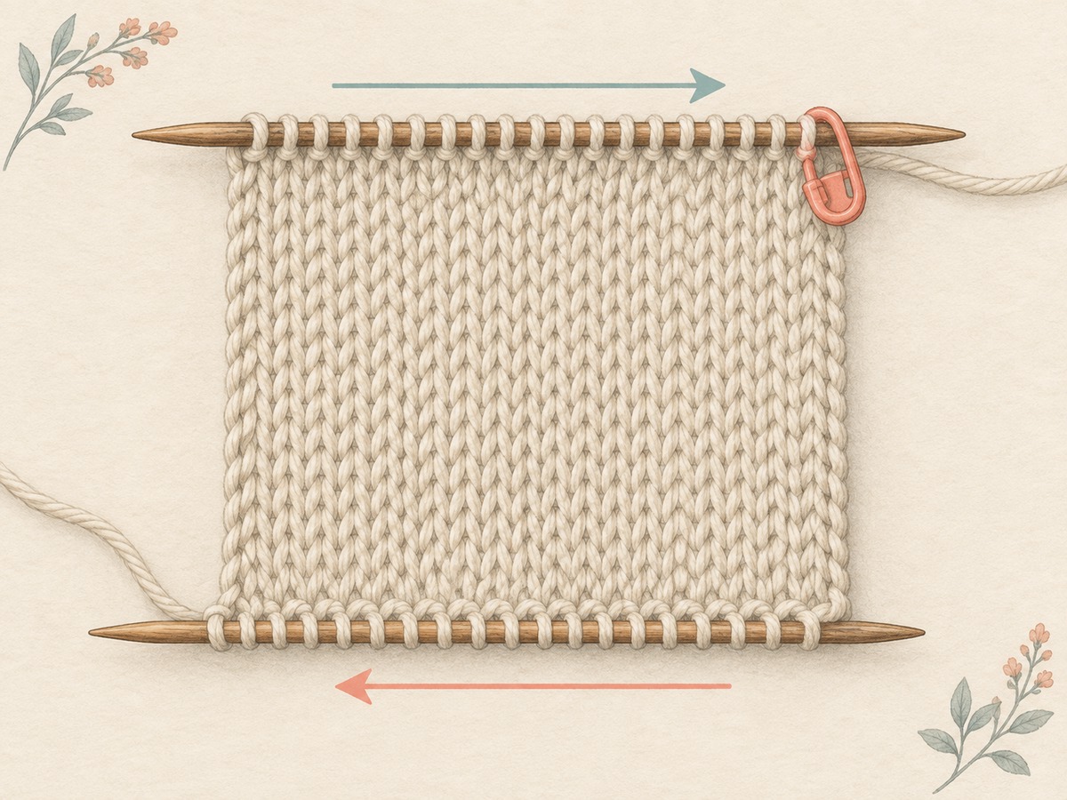 Illustration: A flat knitted piece with a removable right-side marker and a plain unlettered working reference; two needle positions show opposite row directions.