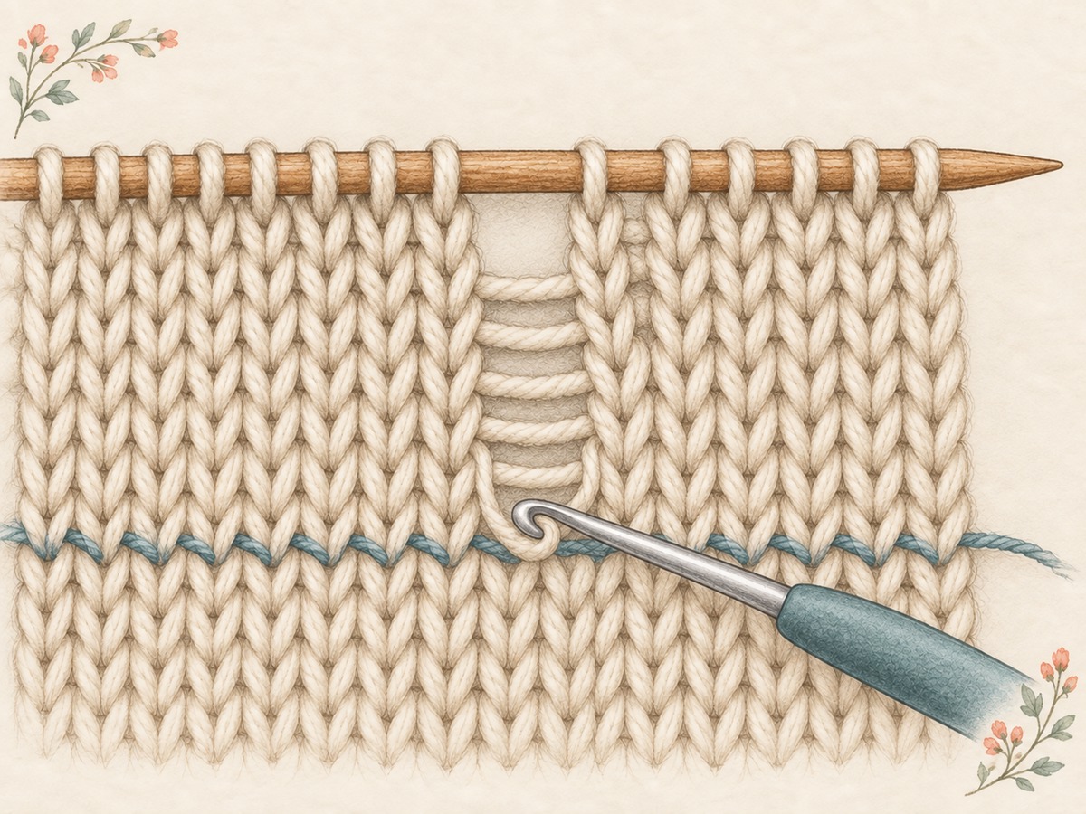 Illustration: A dropped knit stitch held securely at the bottom of a short ladder of horizontal yarn bars, with a crochet hook ready to recover it and a secure lifeline below.