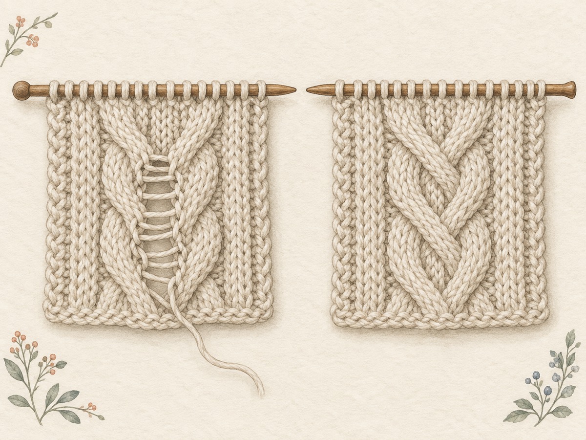 Illustration: A small cable sample with a localized section carefully laddered down and its surrounding stitches held on needles, beside the repaired cable sample.