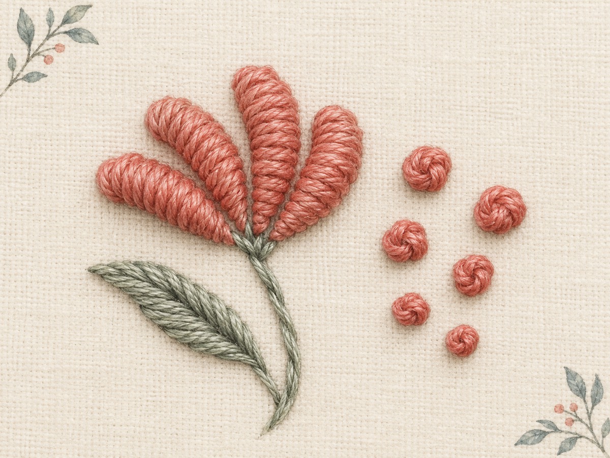 Illustration: Close view of several short coiled bullion stitches forming a small curved petal beside individual compact knot stitches.
