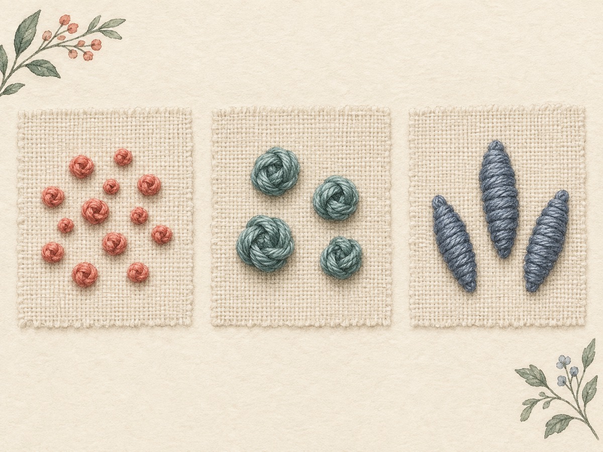 Illustration: Separate small embroidery samples showing compact French knots, rounded colonial-style knots and elongated bullion knots as distinct raised forms.