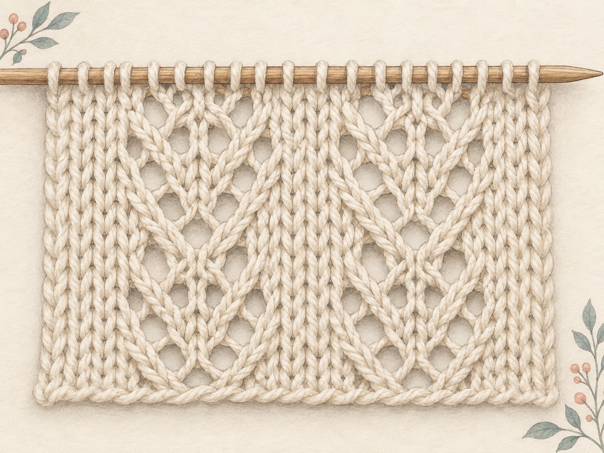 Illustration: Close view of a lace repeat with yarn-over holes and paired decrease lines, surrounded by intact supporting stitches.