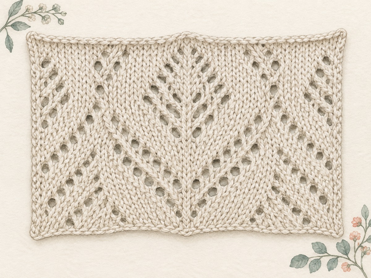 Illustration: An airy knitted lace swatch with balanced eyelets and diagonal decreases, a complete central motif and neat partial motifs at its shaped edges.