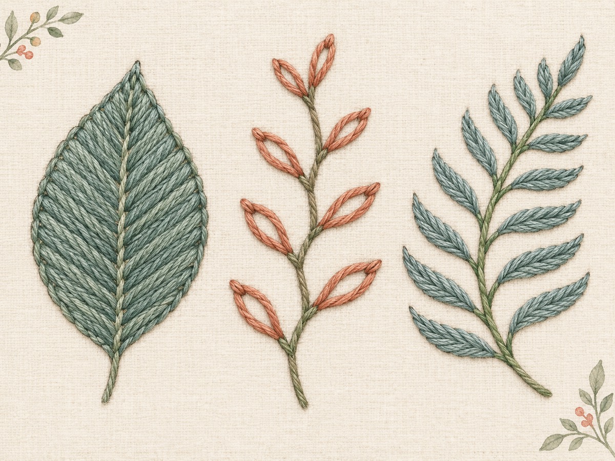 Illustration: Close view of a herringbone-like leaf fill, an open fly-stitch branch and a feather-stitch frond, each with a distinct coherent structure.