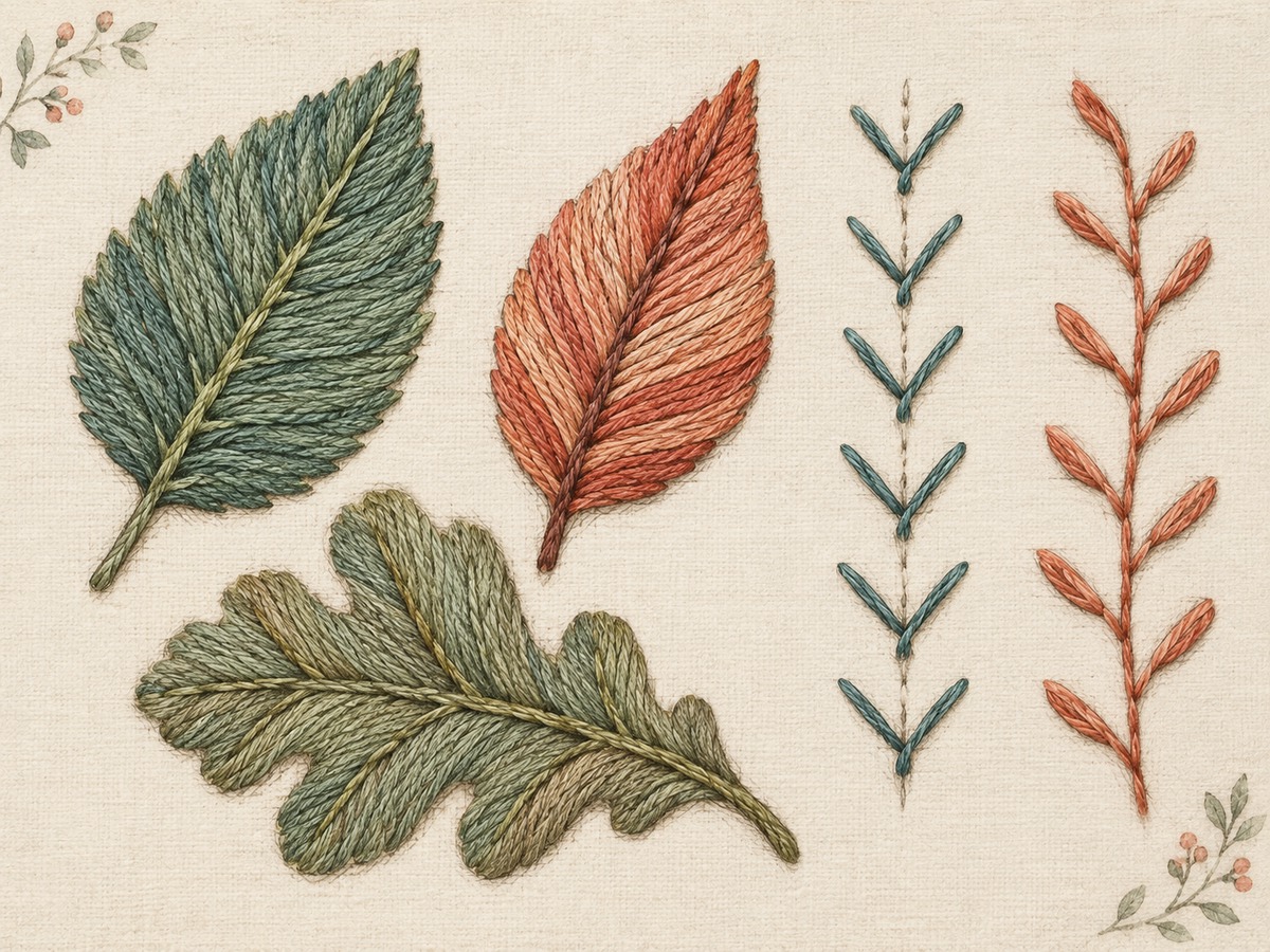 Illustration: Three embroidered leaves with stitches angled toward a central vein, beside branching fly and feather stitch samples.