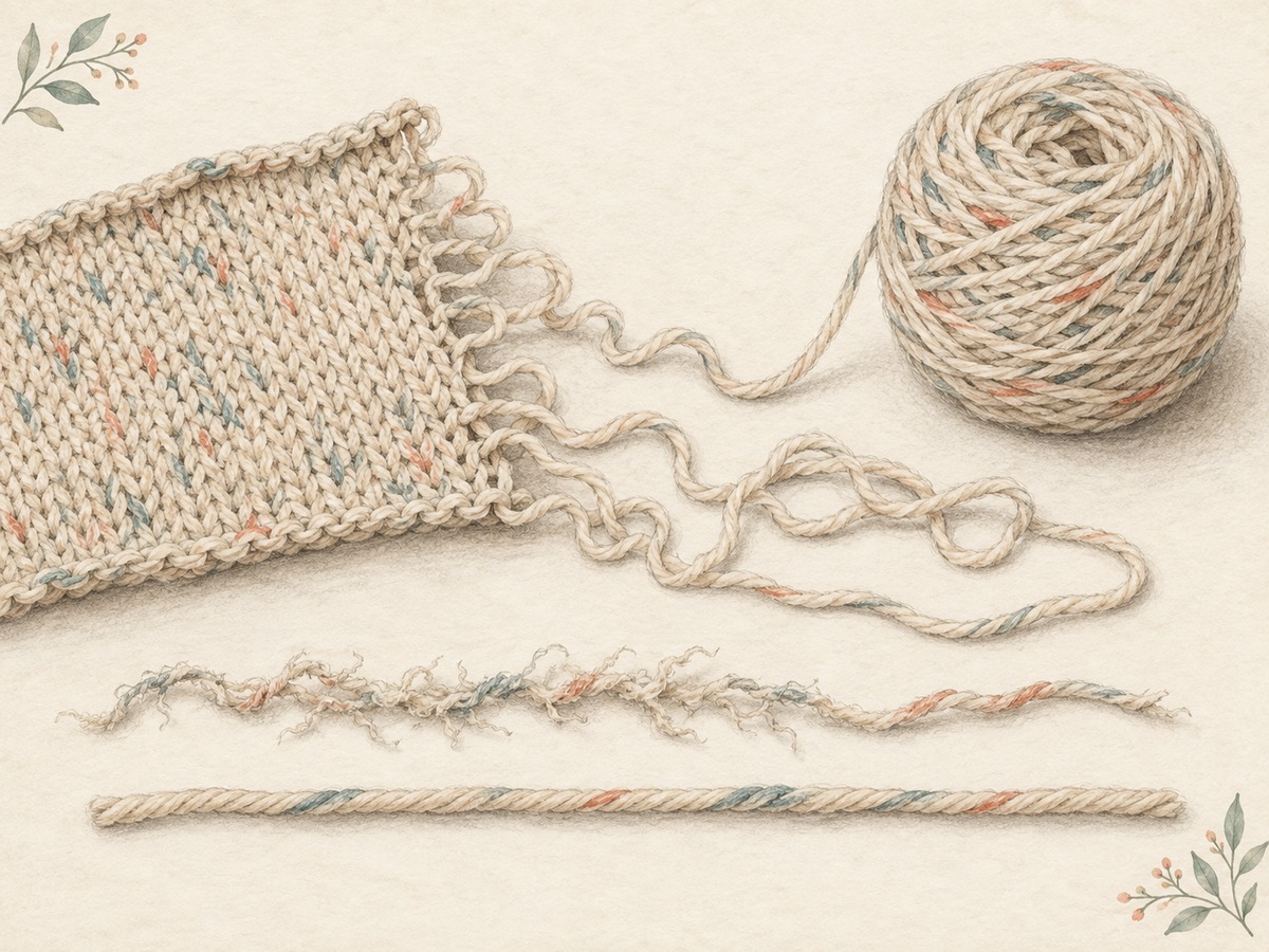 Illustration: A reclaimed yarn strand being wound from a gently unraveled swatch, with a separate worn segment and a sound segment laid out for inspection.