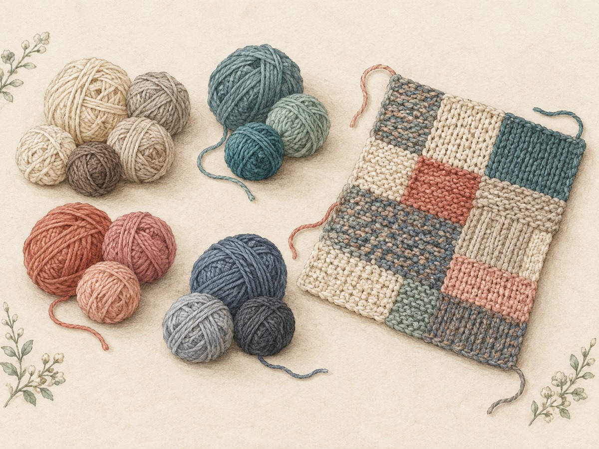 Illustration: Small reclaimed yarn balls of compatible thickness sorted into a restrained palette beside a joined scrappy textile sample.
