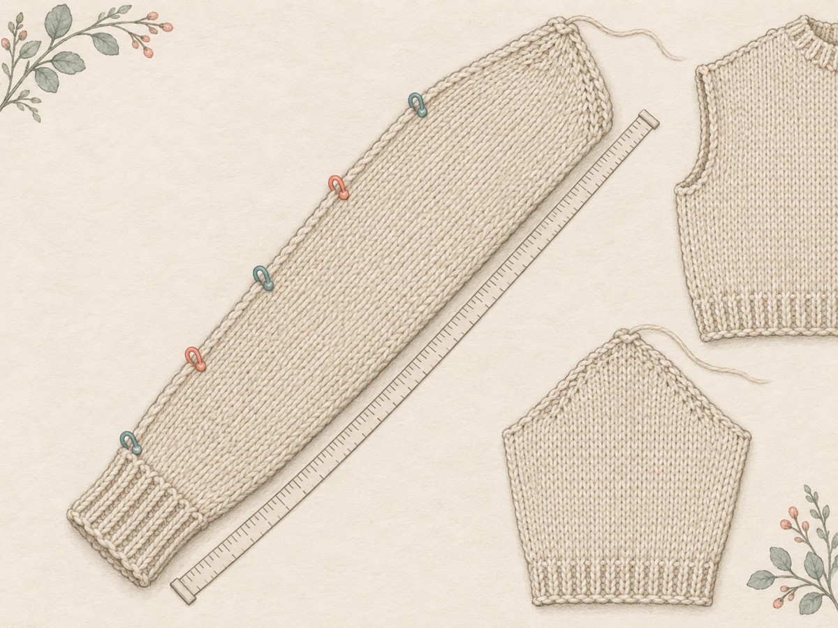 Illustration: A knitted sleeve measured along its length, with spaced shaping markers and a completed cuff; separate complete pattern sections are visible.