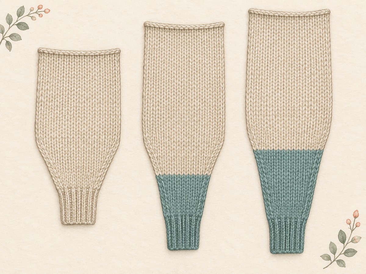 Illustration: A sleeve with a tapered lower section and a straight body panel laid beside longer matching versions, with the extra length shown in muted teal.