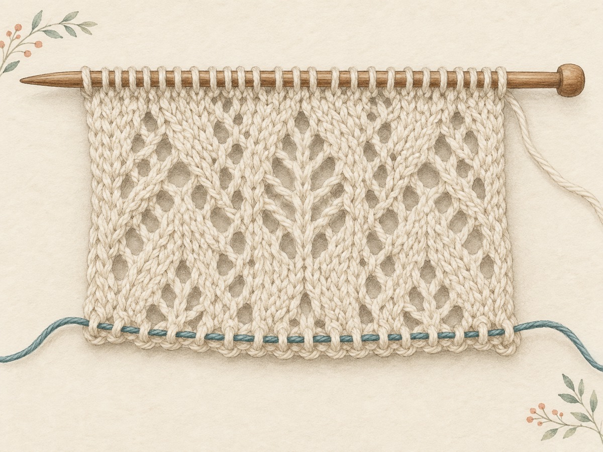 Illustration: A knitted lace sample with all loops in a lower row safely held by a smooth contrasting thread, while several rows above remain on the needle.