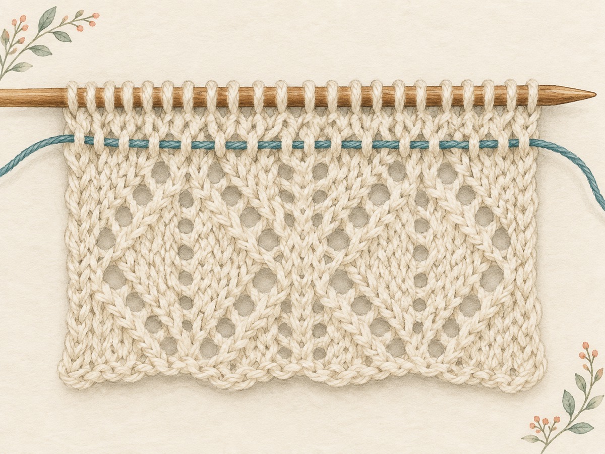 Illustration: A fine contrasting teal lifeline threaded through one complete row of live lace stitches beneath the working needle.