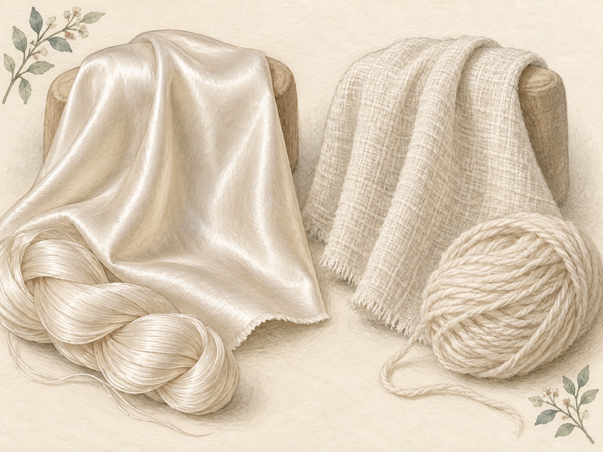 Illustration: Two pale lustrous fabric samples draped over rounded supports, with a detailed close view of smooth filament-like yarn and softer spun yarn.