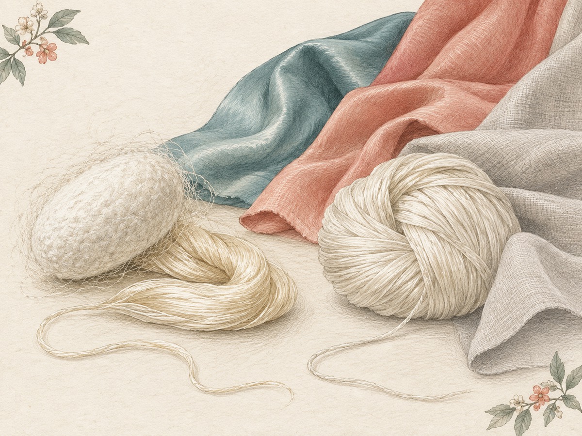 Illustration: A silk cocoon and a small length of lustrous silk yarn beside softly lustrous regenerated-cellulose yarn and flowing folded sample fabrics.