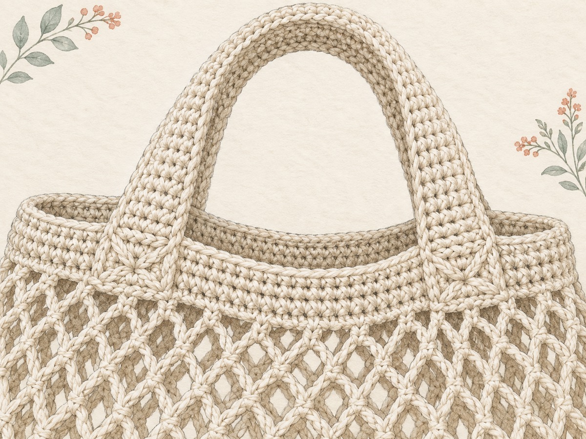 Illustration: Close view of a wide reinforced crochet handle joining a denser rim above open mesh, with the load-bearing attachment clearly visible.