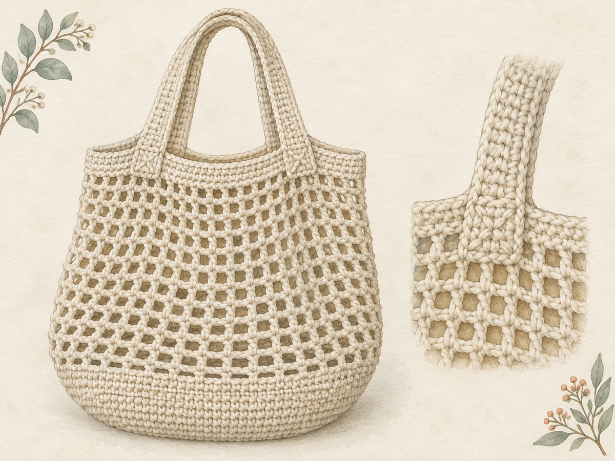 Illustration: A cream crocheted market bag with regular open mesh, a denser base and reinforced handles, beside a small handle attachment sample.