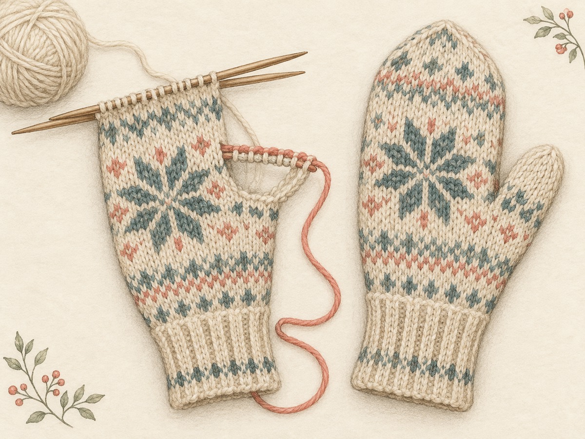 Illustration: A mitten in progress with thumb stitches safely held on contrasting waste yarn and the matching finished mitten beside it.