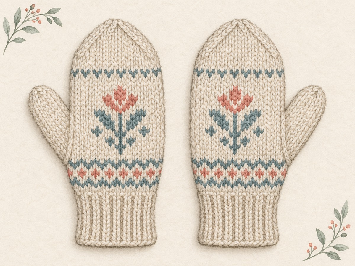 Illustration: A matching pair of knitted mittens with mirrored thumb positions and a small simple color motif on each hand.
