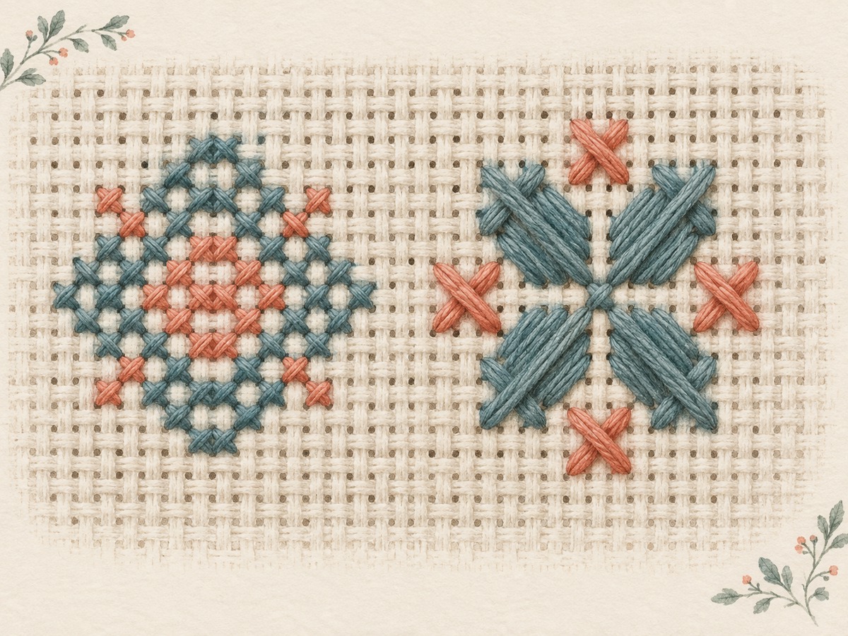 Illustration: Large close view of small cross stitches spanning one fabric interval beside larger crosses spanning two intervals on the same evenweave.