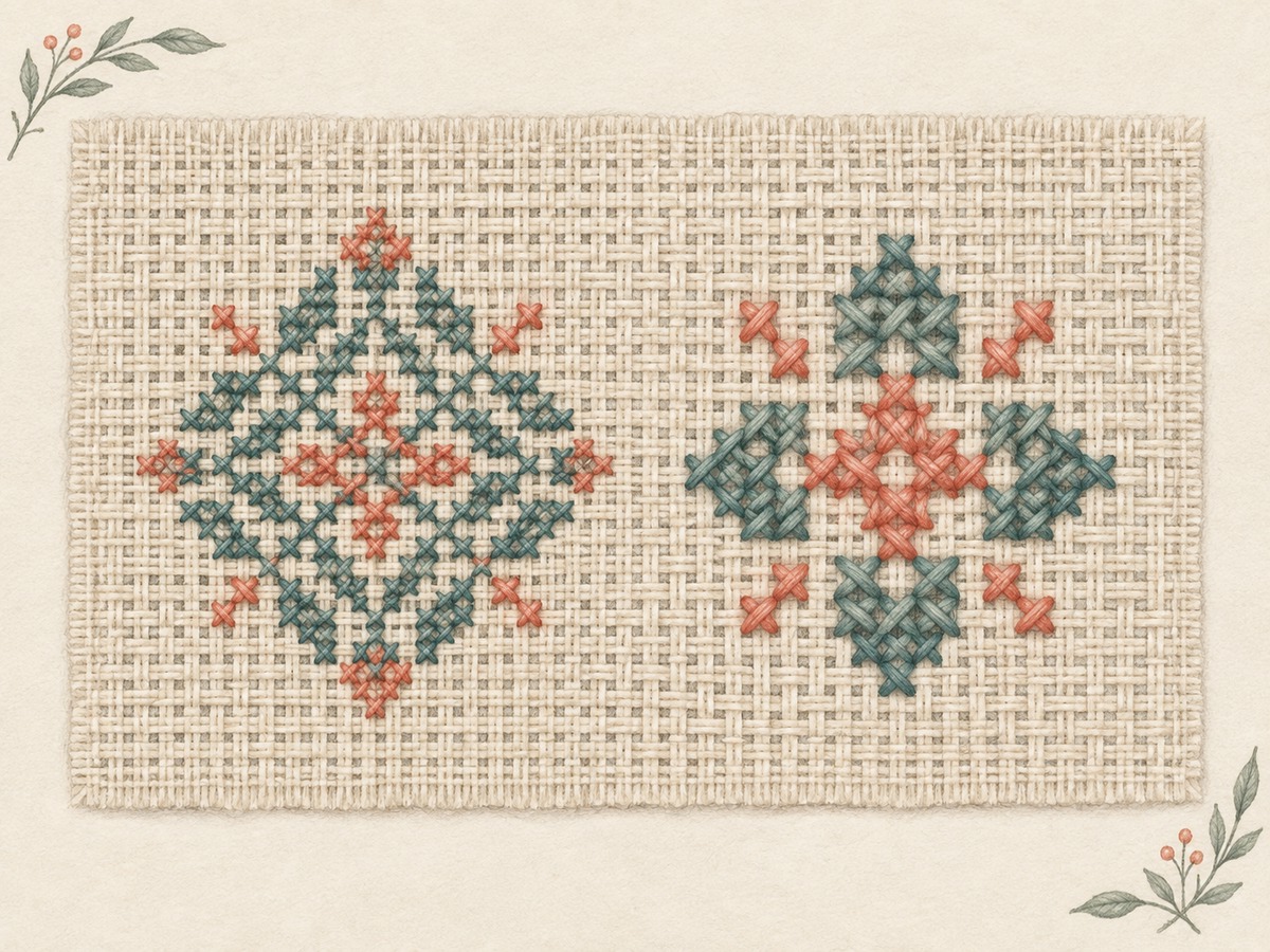 Illustration: One evenweave sampler with a fine over-one area beside a coarser over-two area, using the same fabric grid underneath.