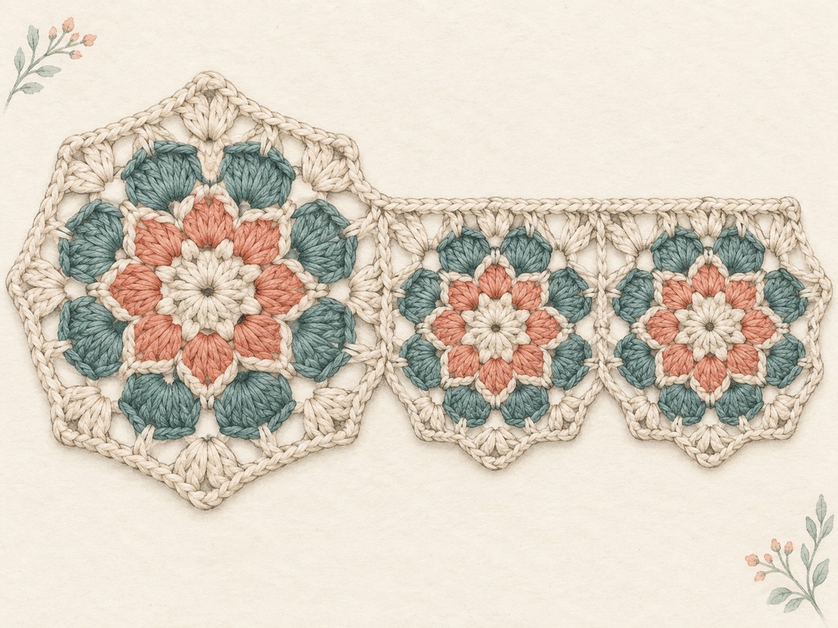 Illustration: A close view of a large crochet motif joined to two smaller motifs along the same edge, with matching total edge lengths.
