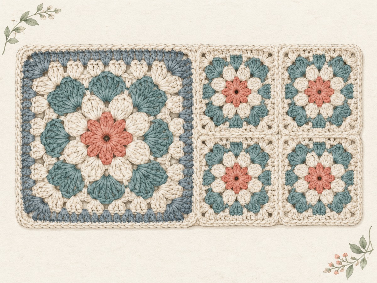 Illustration: One large crochet square fitted beside four smaller equal squares, all outer edges aligning into a neat rectangular layout.